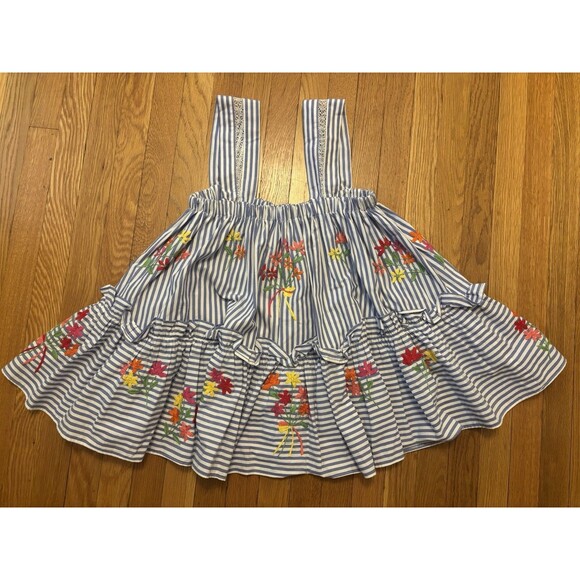 Mi Golondrina Mia Striped Tank Top Blouse Tiered Ruffle Embroidered Floral S - Picture 1 of 9